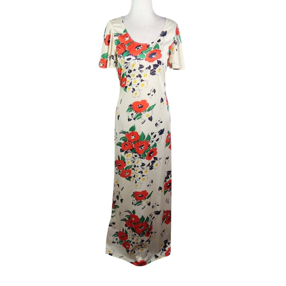 Vintage 70s Cream Red Poppy Daisey Floral Print Maxi Dress Flutter Sleeves